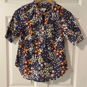 Talbots Navy Floral Blouse with Ruffle Accent
